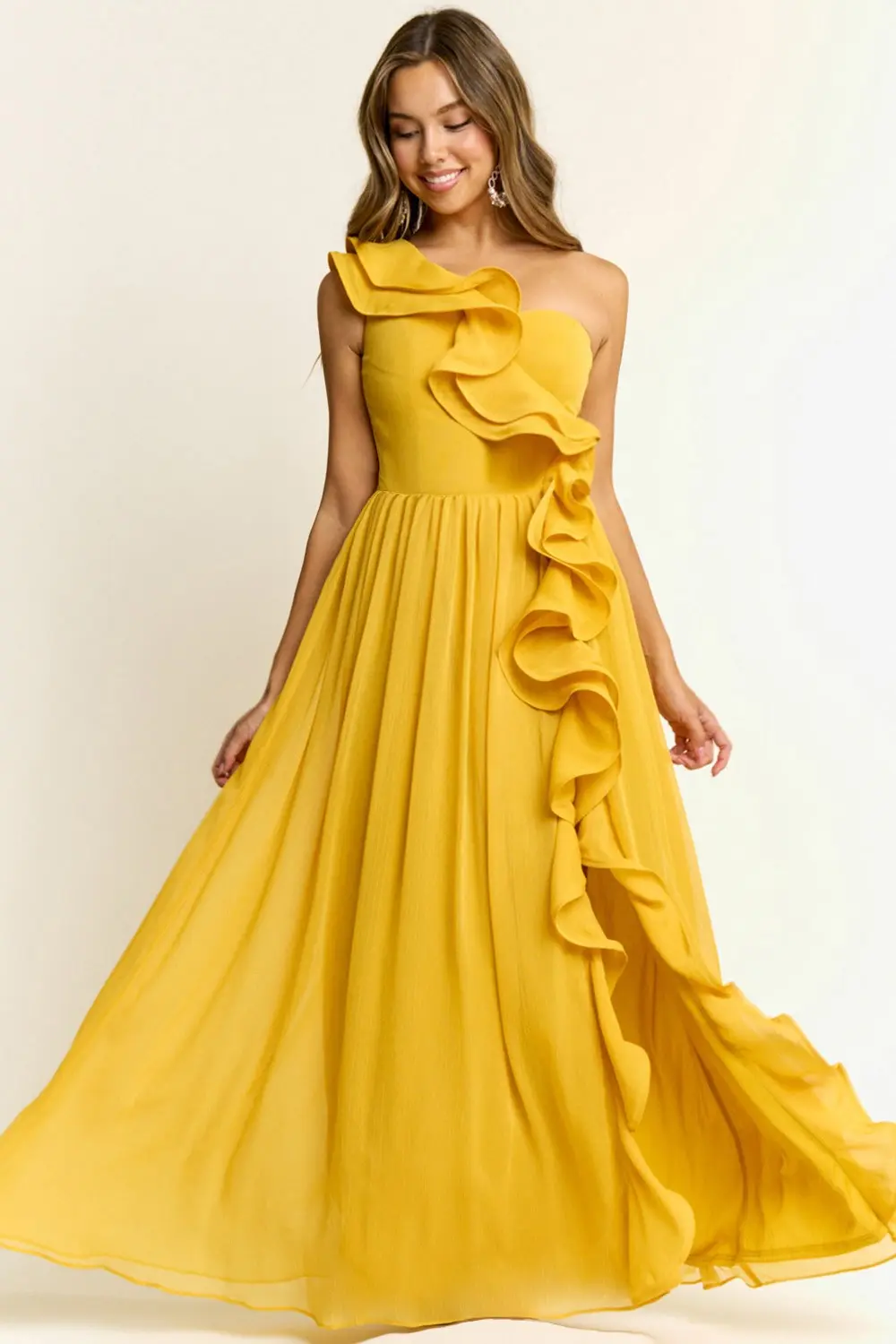 Mustard Elegant Maxi Dress with Ruffles (Talla S)