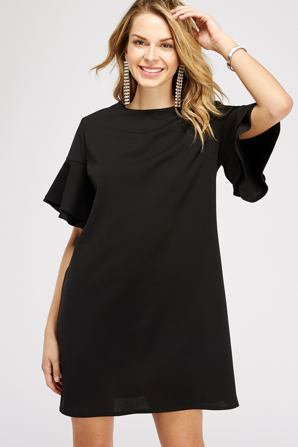 Black Double Ruffle Sleeve Shift Dress (Talla L) thumbnail