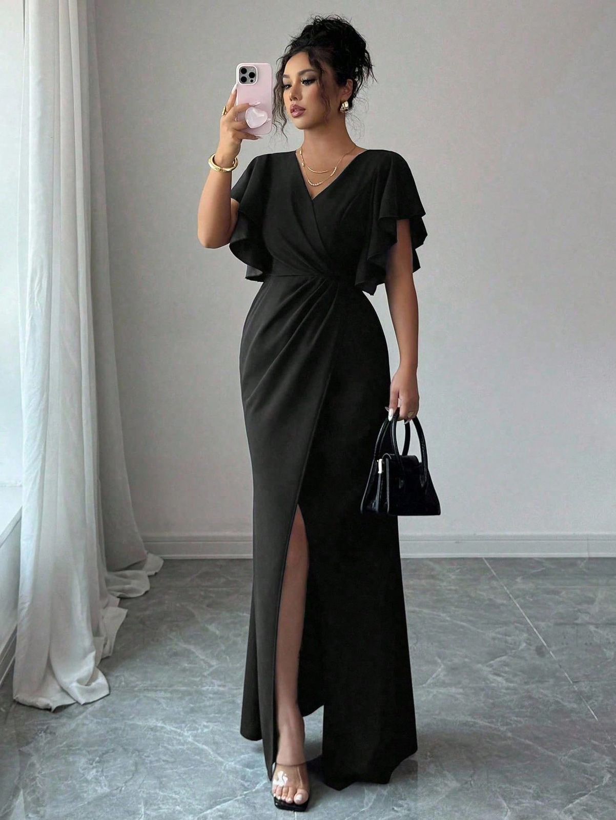 Black V Neck Ruffled Dress (Talla XL)