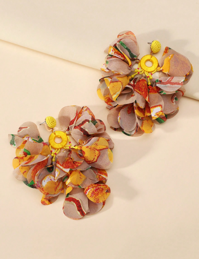 Bohemian Style Beige & Yellow Fabric Petal Tassel Earrings thumbnail