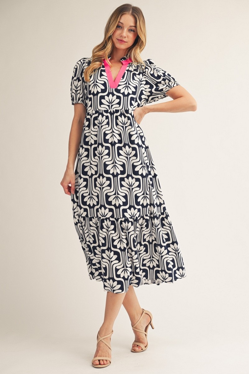 Navy Geo Floral Print Midi Dress (Talla S) thumbnail