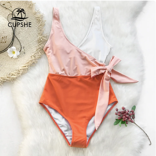Cupshe Orange And White Colorblock One-piece Swimsuit (Talla XL)