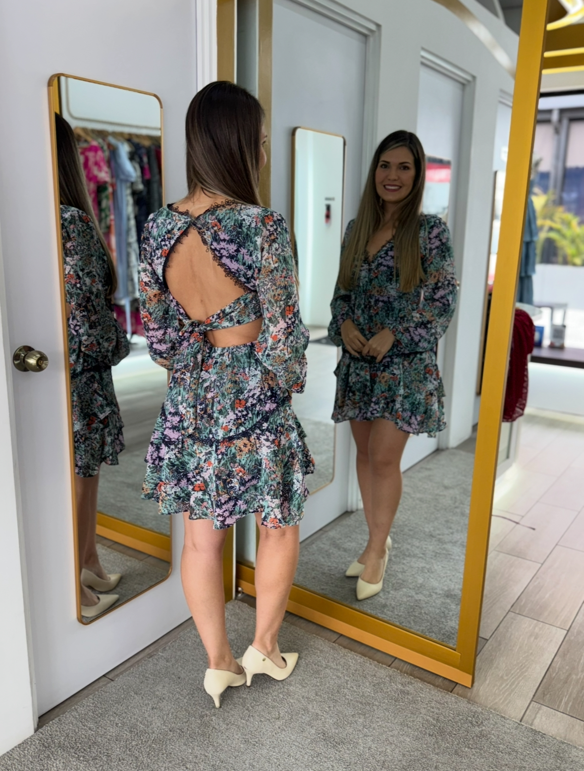 Navy Long Sleeve Floral Chiffon Dress (Talla M) thumbnail