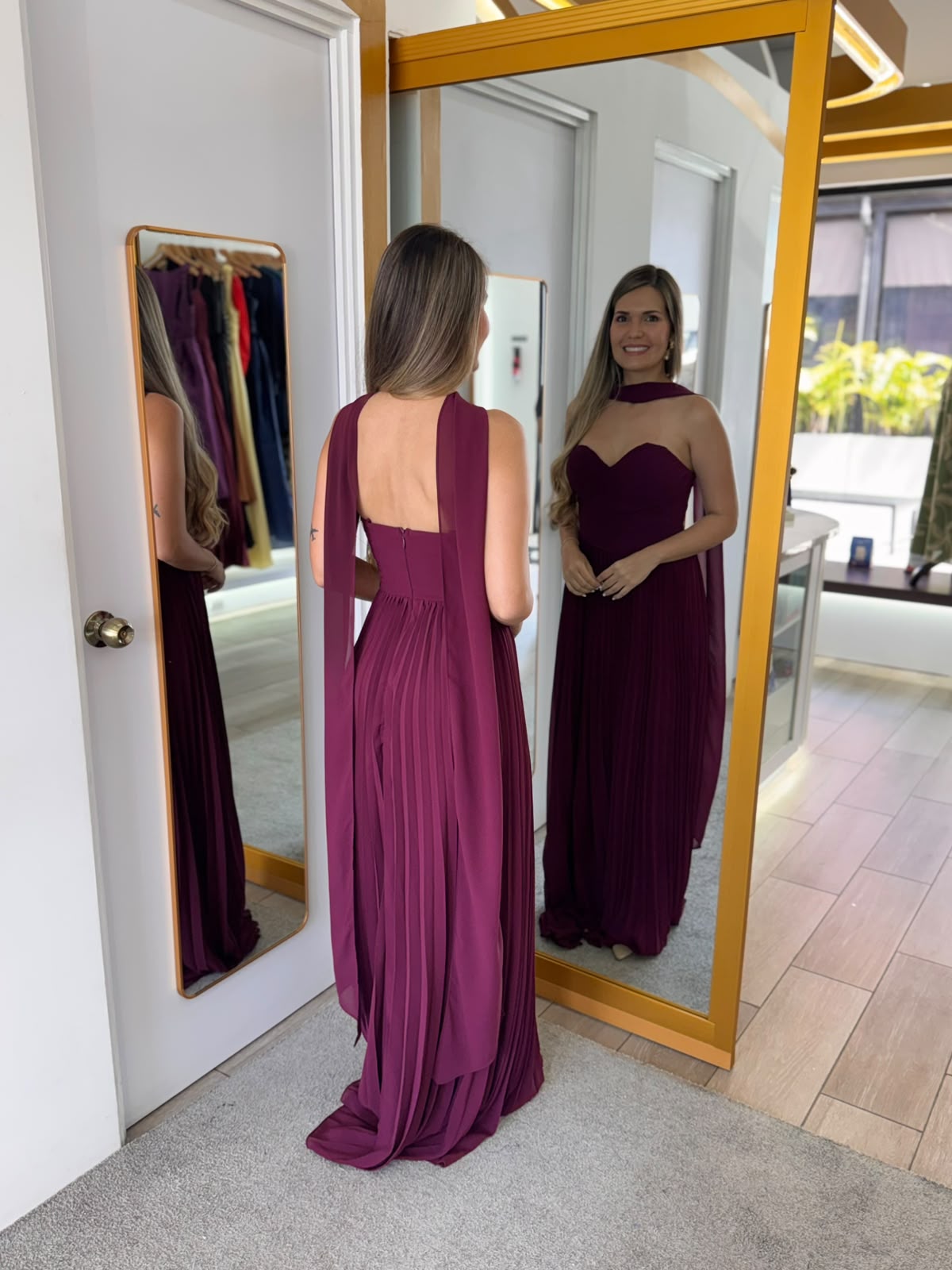 Wine Low Cut Waist Maxi Dress with Scarf (Talla L) thumbnail