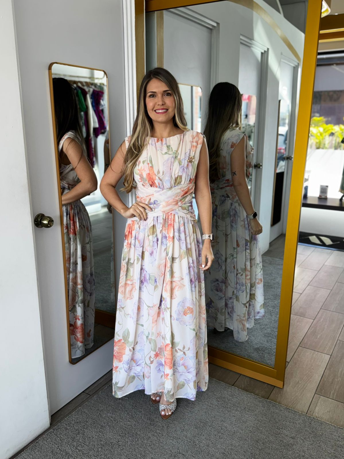 Multicolor  Elegant Floral All-Over Print Long Dress (Talla S)