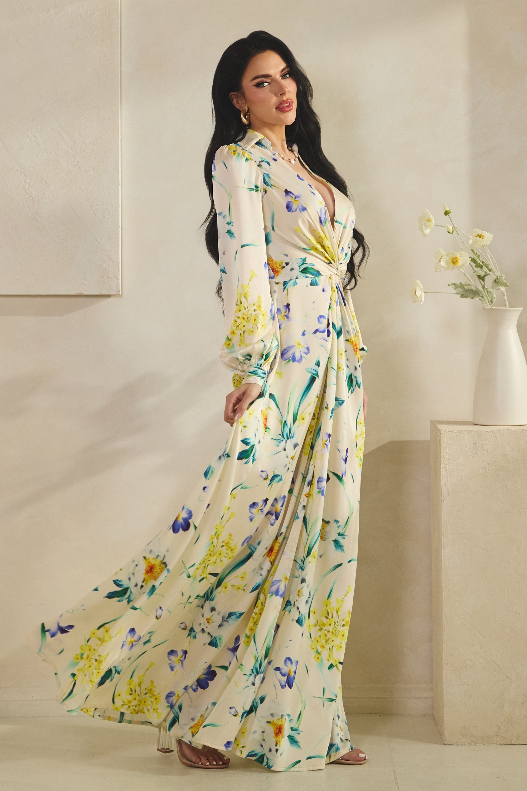 Flower Print Cinched Waist Long Sleeve Dress (Talla S) thumbnail