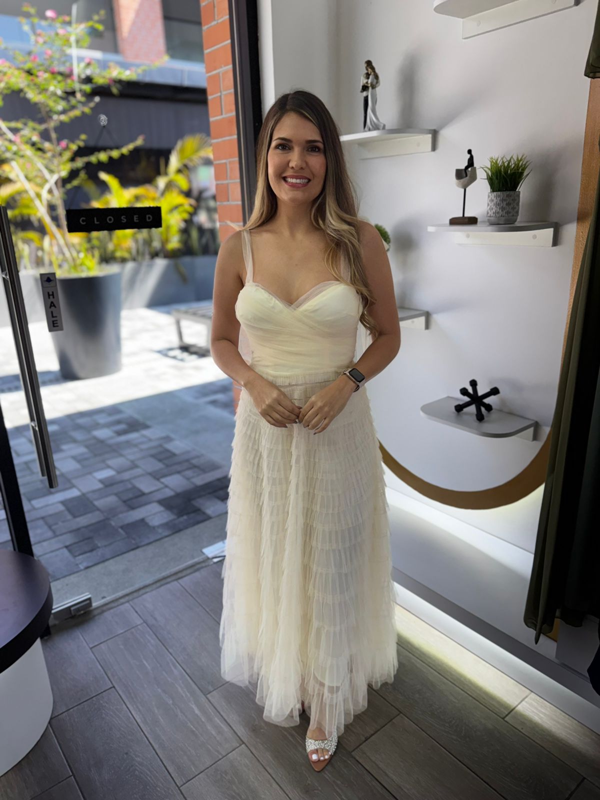 Cream Tulle Mesh Midi Dress (Talla S)