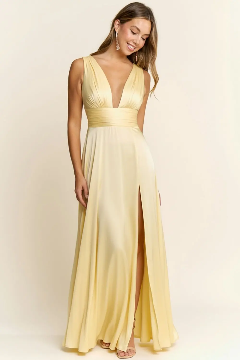 Butter Yellow Elegant V-neck Maxi Dress (Talla S) thumbnail