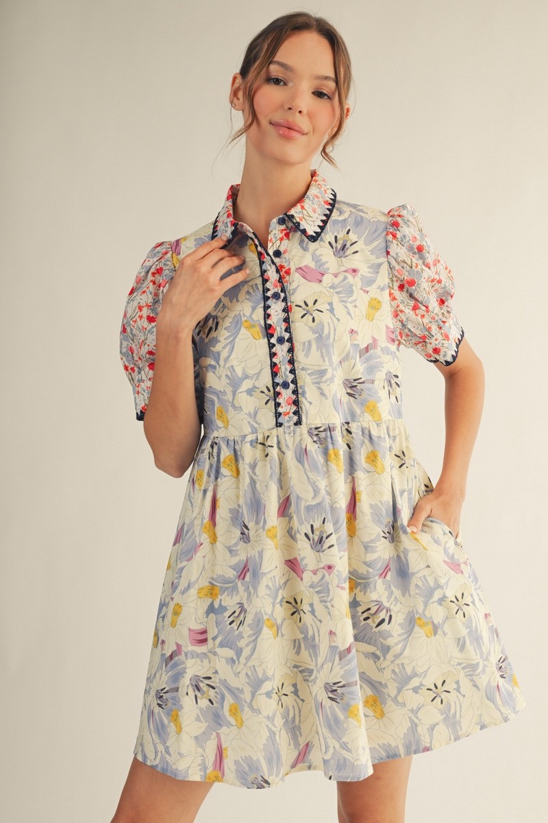 Beige Scallop Embroidery Detail Floral Mix Match Dress (Talla L) thumbnail