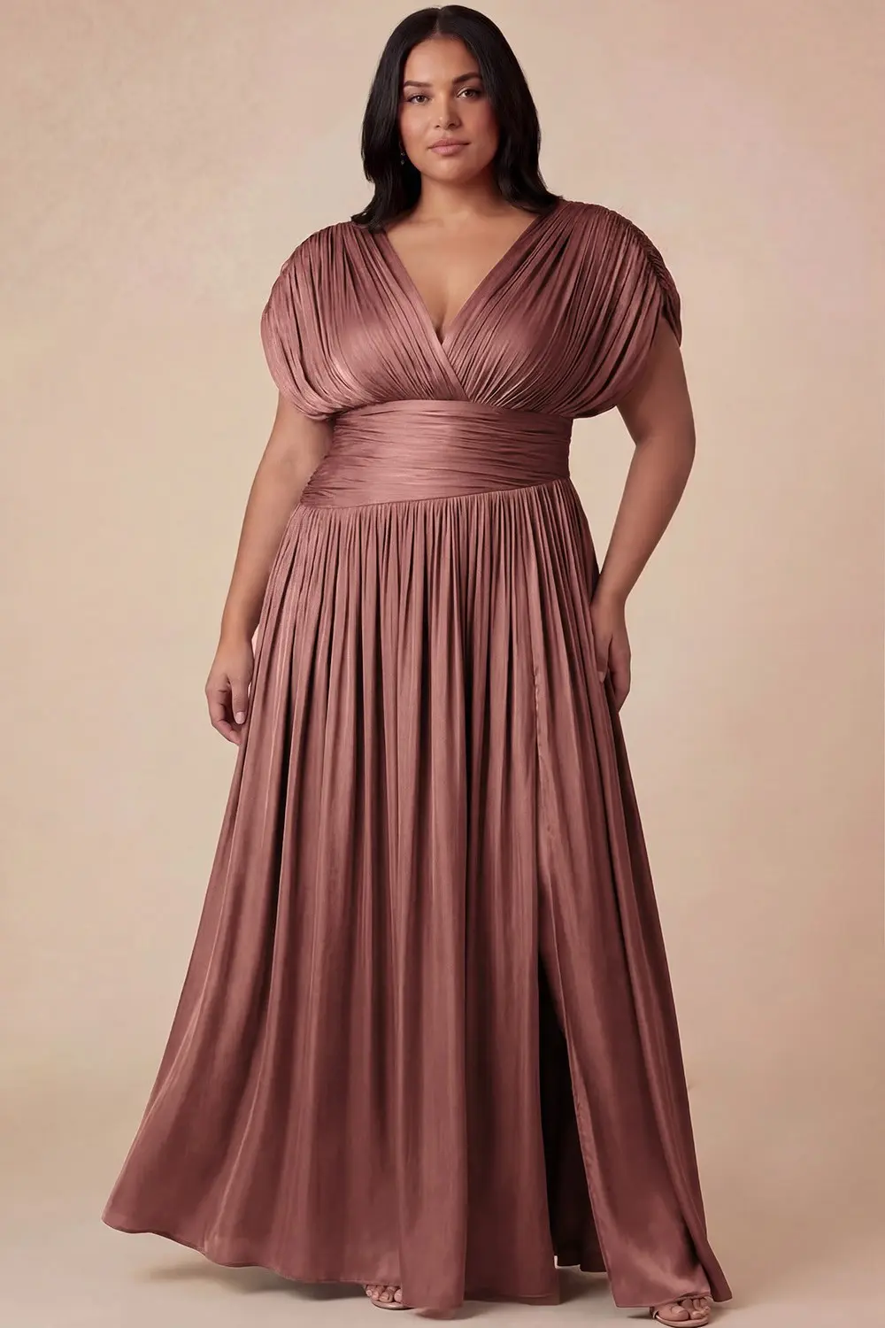 Marsala Plus Size V-Neck with Cap Sleeves Maxi Dress (Talla XL)