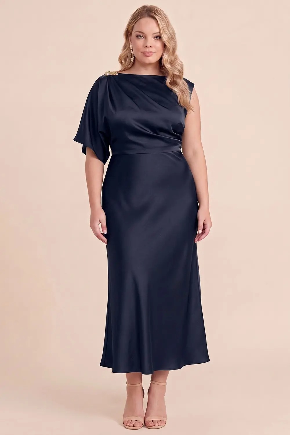 Navy Plus Size Satin Midi Dress (Talla XL)