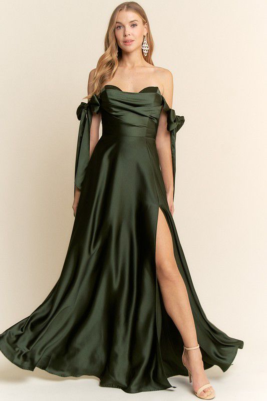 Dark Olive Shoulder Leg Slit Satin Maxi Dress (Talla S) thumbnail