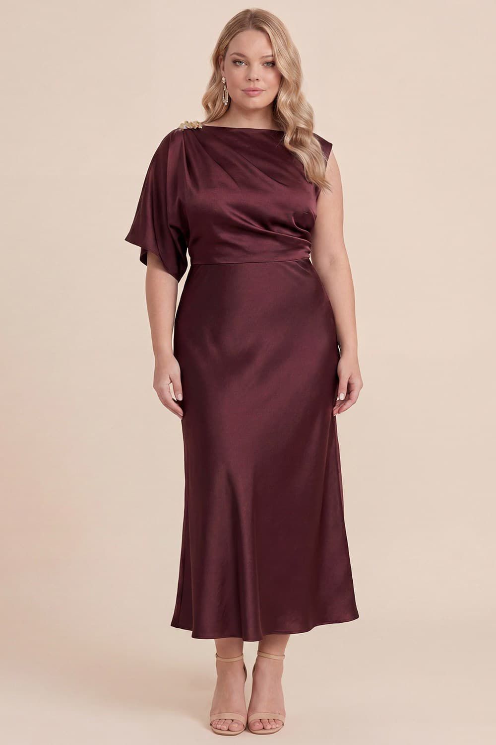 Wine Plus Size Satin Midi Dress (Talla 2XL)
