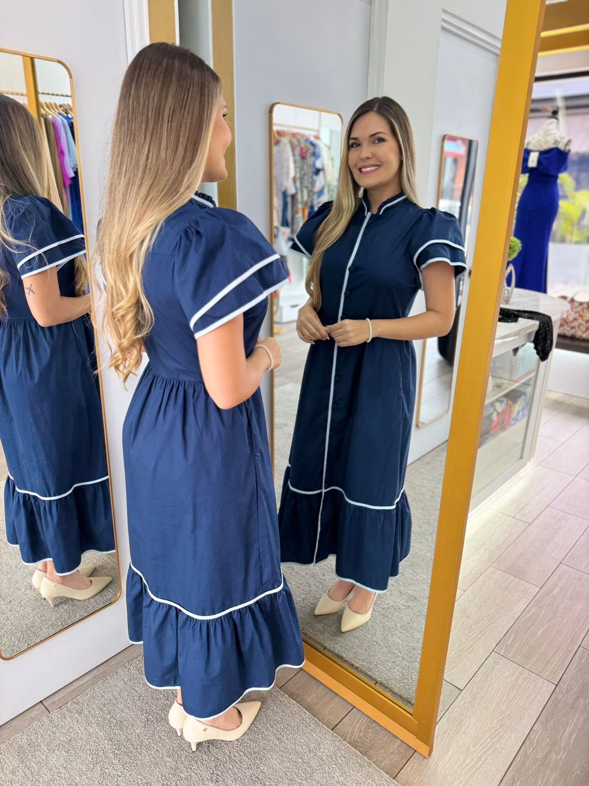 Navy Davie Button Down Midi Dress (Talla XS) thumbnail