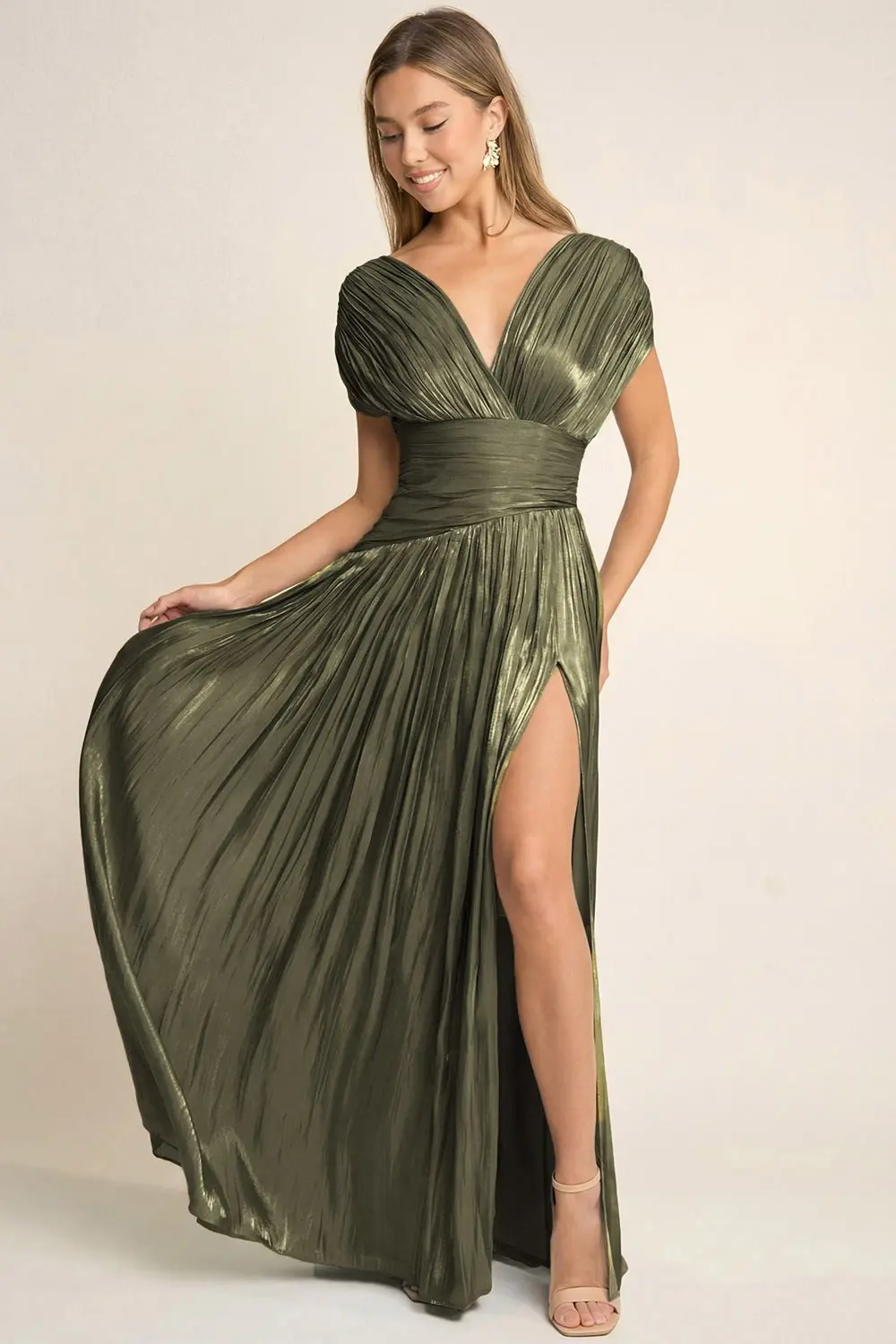 Olive Elegant Pleated Maxi Dress (Talla S) thumbnail