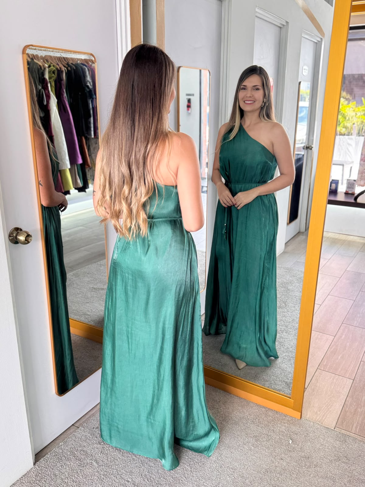 Hunter Green One Shoulder Metallic Trim Maxi Dress (Talla S) thumbnail