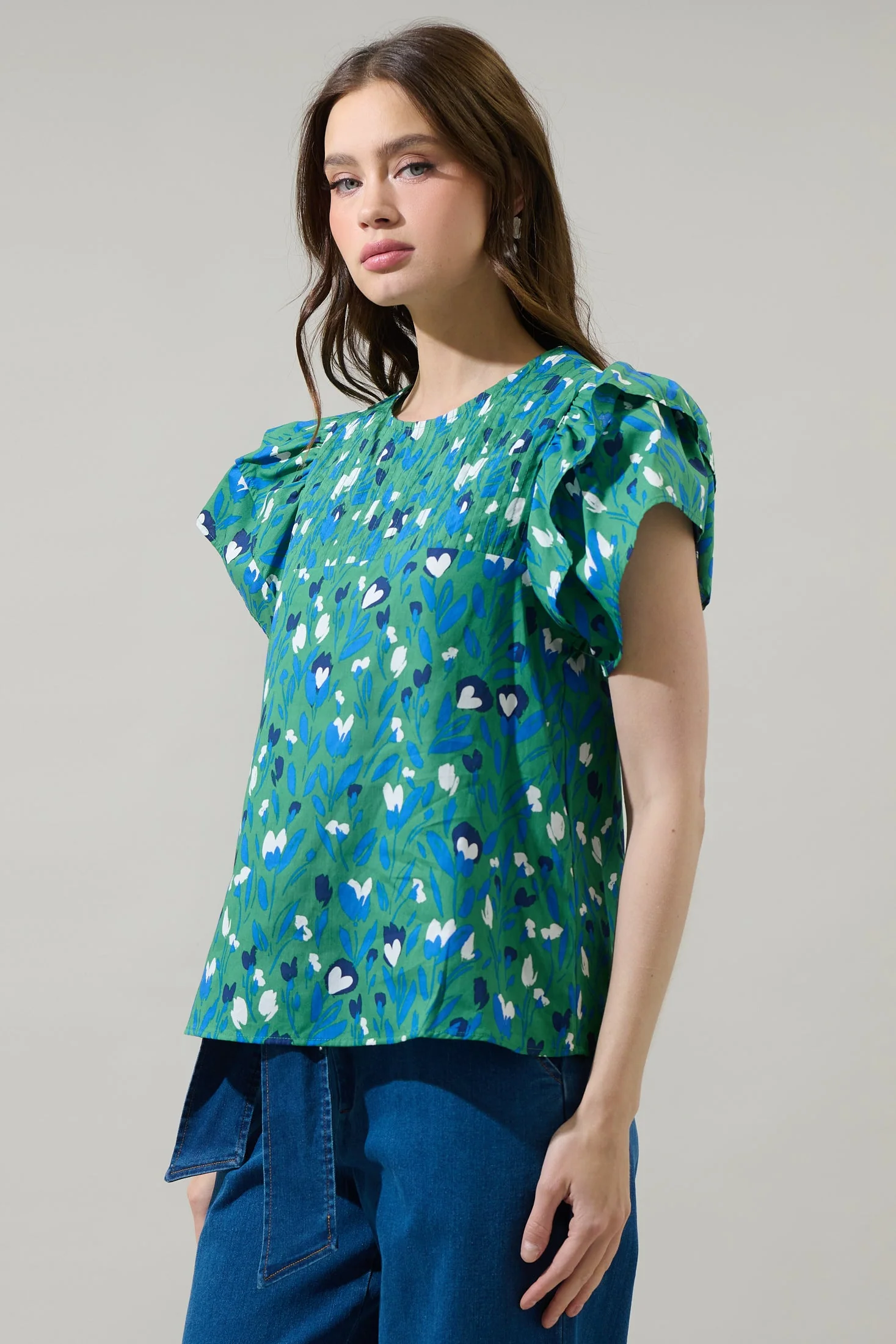 Green Laury Floral Star Ruffle Top (Talla XS)