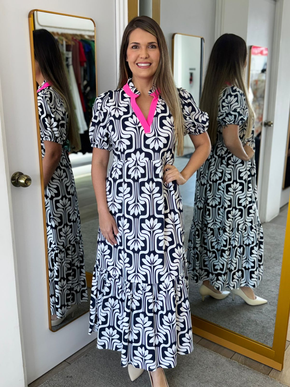 Navy Geo Floral Print Midi Dress (Talla S)