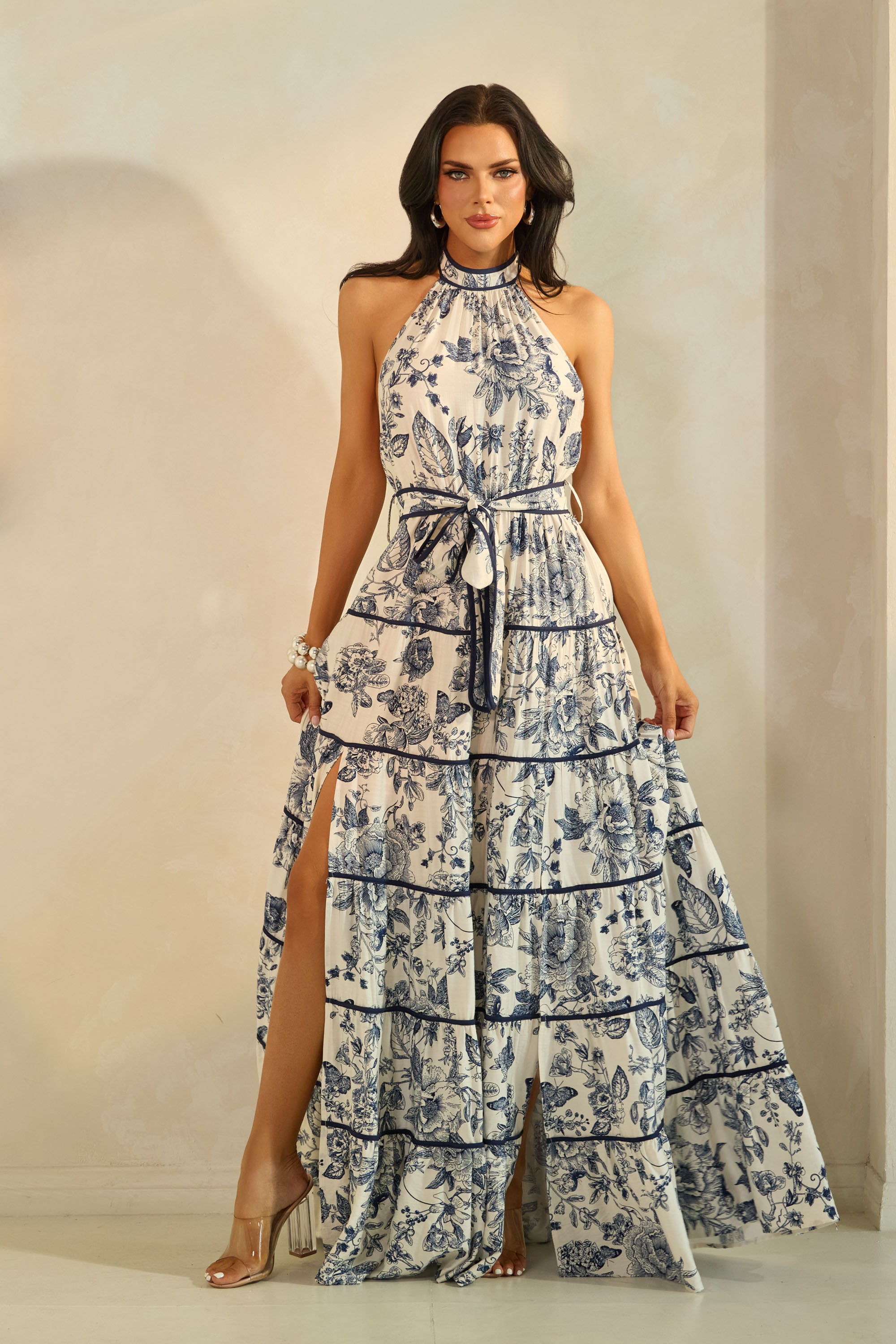 Navy Halter Neck Maxi Tiered Dress (Talla M) thumbnail