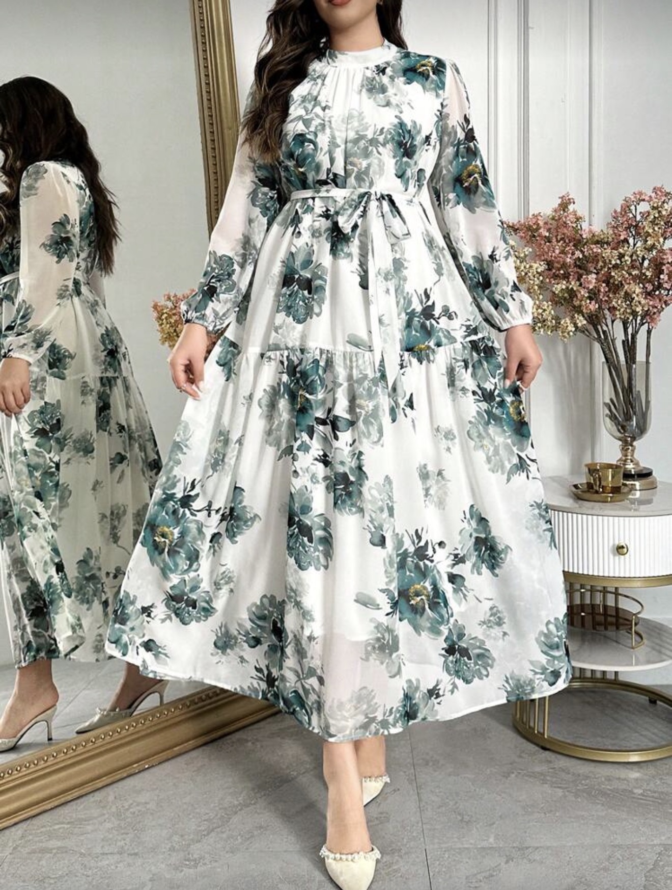 Floral Print Stand Collar Lantern Sleeve Ruffle Hem Maxi Elegant Dress (Talla 2XL)