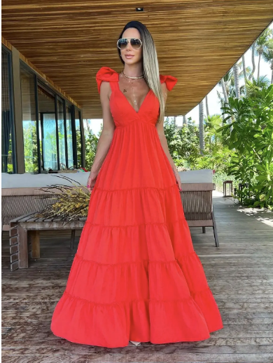 Red V Neck One Piece Dress Strappy Backless Dress (Talla M) thumbnail