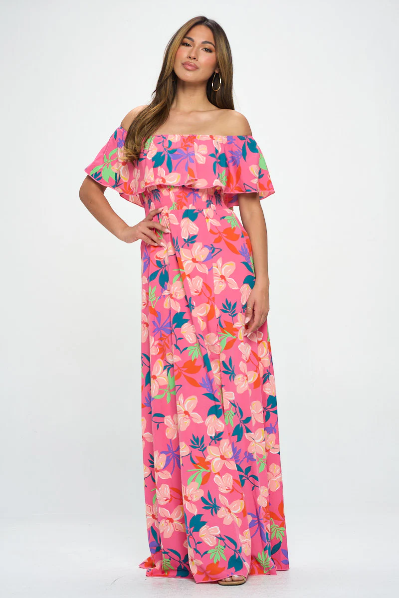 Pink Off Shoulder Tropical Maxi Dress (Talla S) thumbnail