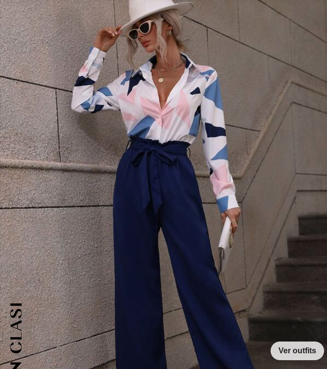 Clasi Geo Print Shirt & Paperbag Waist Belted Wide Leg Pants (Talla S) thumbnail