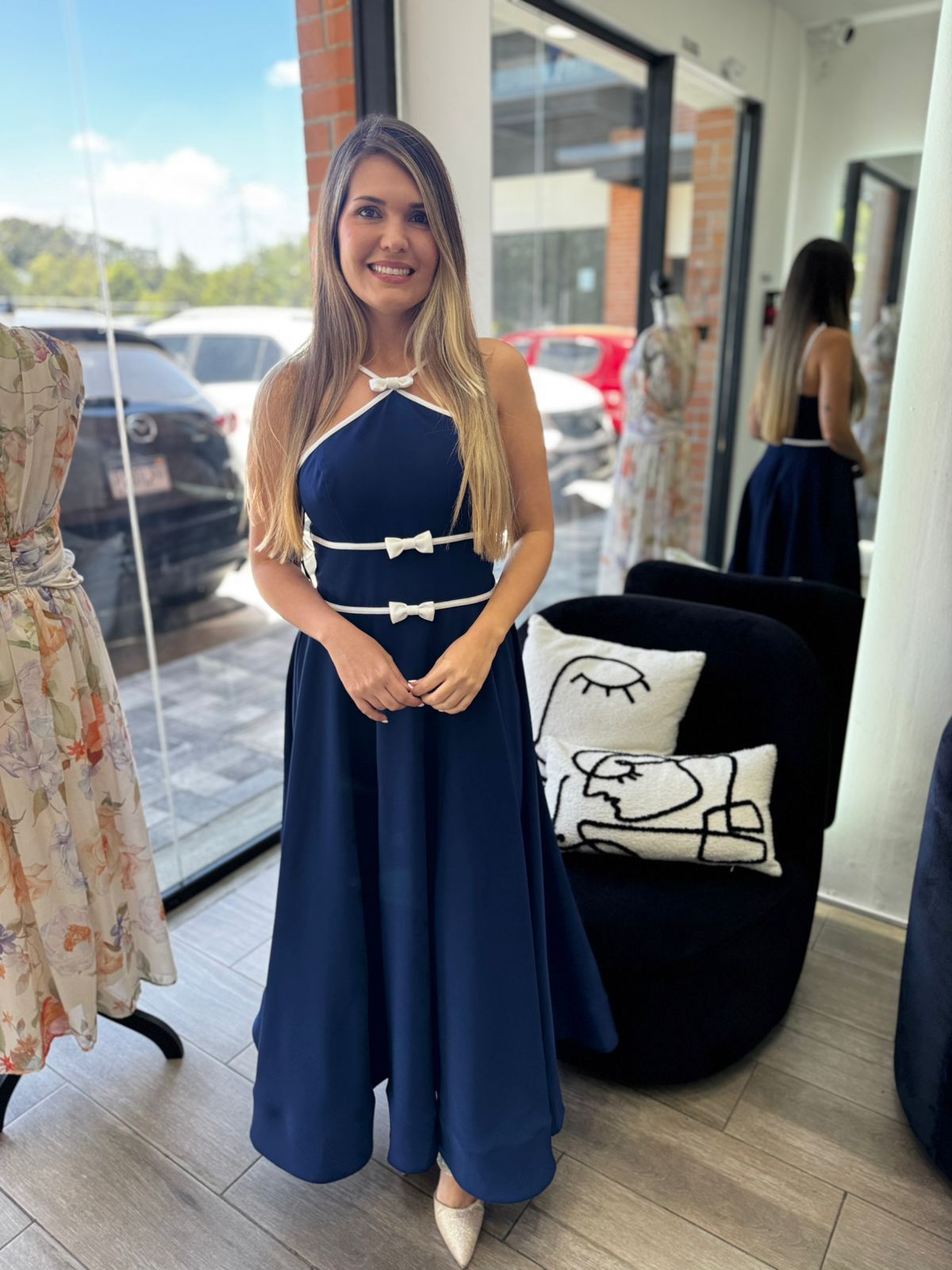 Navy Formal Maxi Dress with  Ribbon (Talla M)