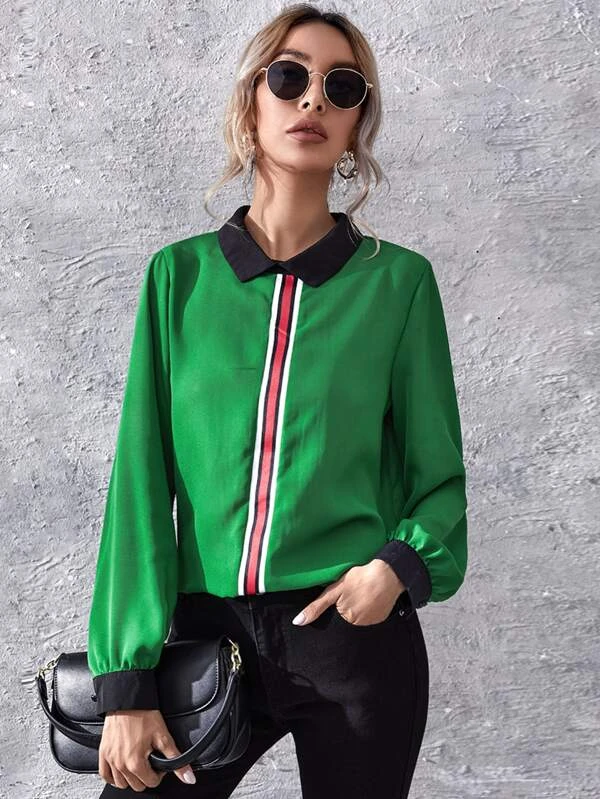 Green Contrast Collar Striped Blouse (Talla S)