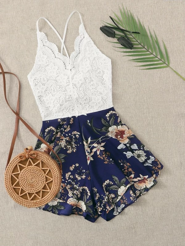 Lace Panel Floral Print Knot Back Cami Romper (Talla L)