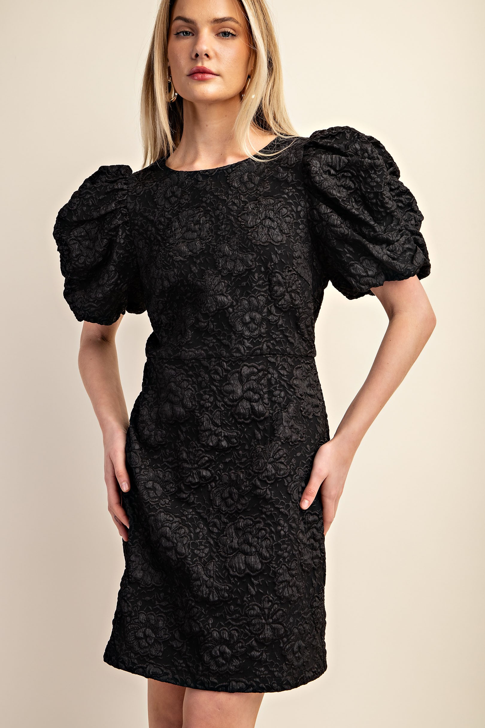 Black Jacquard Classic-Fit Mini Dress with Puff Sleeves (Talla L) thumbnail