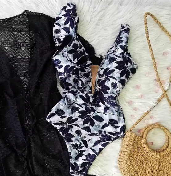 Black Floral V Neck Monokini (Talla M)