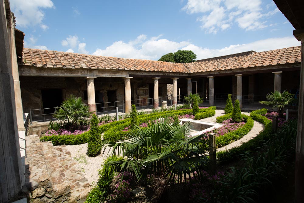 Italy, Pompeii, House of the Gilded Cupids, view of the garden with the Portico of the Peristyle