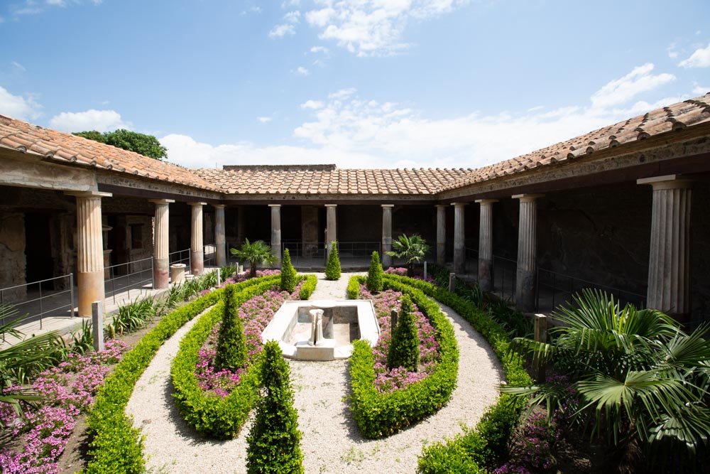 Italy, Pompeii, House of the Gilded Cupids, view of the garden with the Portico of the  Peristyle
