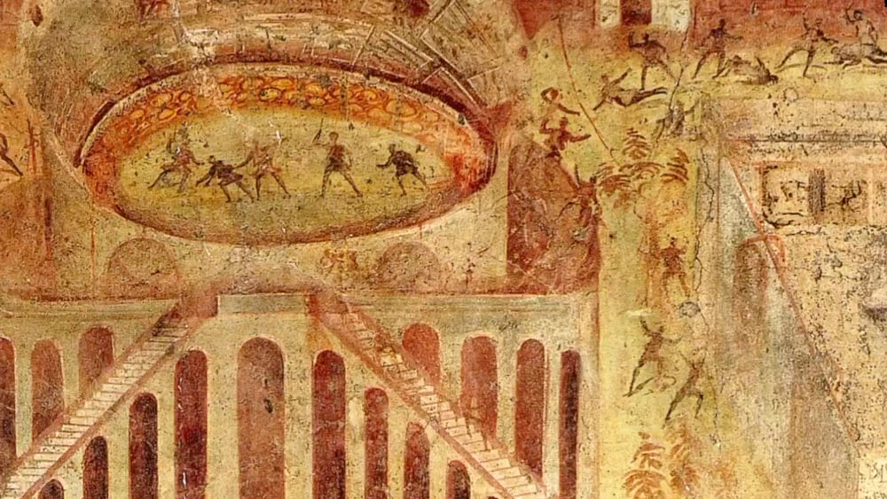 Italy, Pompeii, Pompeian fresco representing the bloody fights, in the Amphitheatre