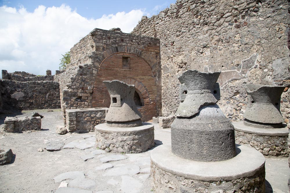 Italy, Pompeii, Bakery of Numerius Popidius Priscus, with the oven and the stone millstones