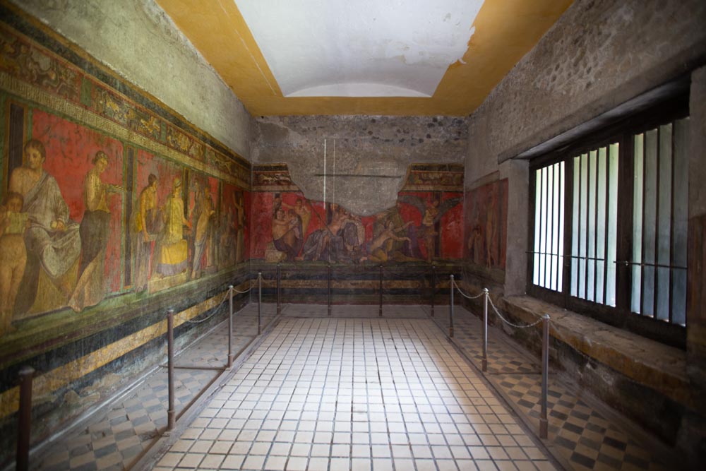 Italy, Pompeii, Villa of the Mysteries, Triclinium with large frieze contains 28 human figures on a podium