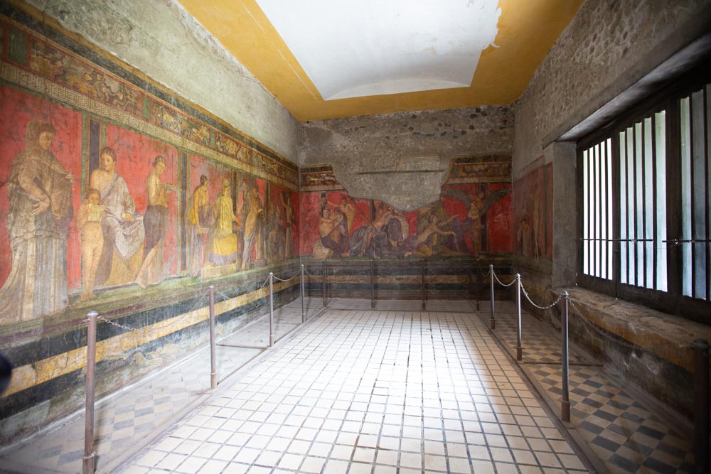 Italy, Pompeii, Villa of the Mysteries, Triclinium with large frieze contains 28 human figures on a podium