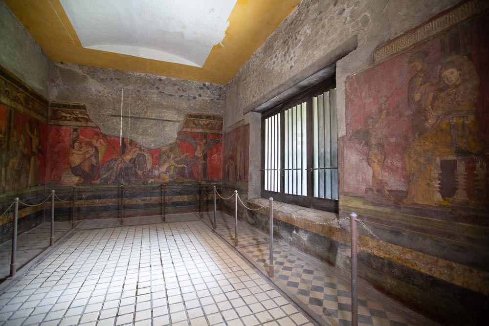Italy, Pompeii, Villa of the Mysteries, Triclinium with large frieze contains 28 human figures on a podium