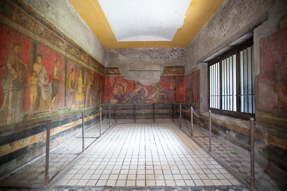 Italy, Pompeii, Villa of the Mysteries, Triclinium with large frieze contains 28 human figures on a podium