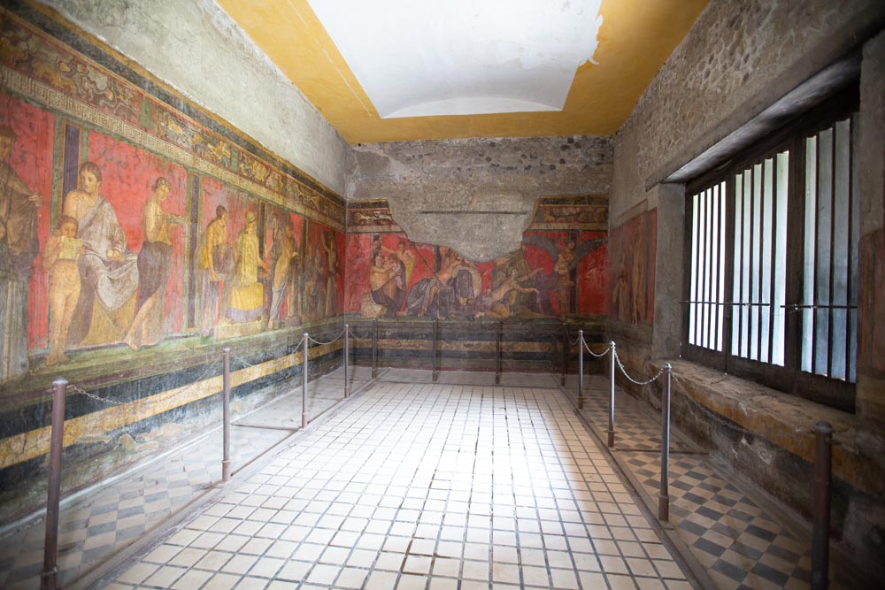 Italy, Pompeii, Villa of the Mysteries, Triclinium with large frieze contains 28 human figures on a podium