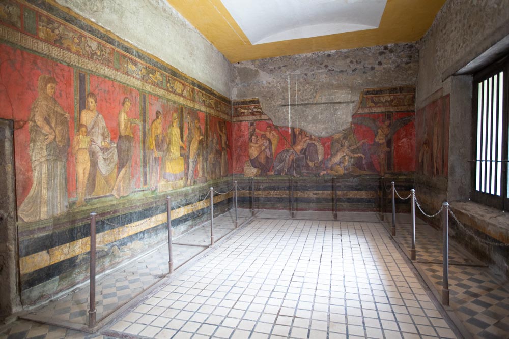 Italy, Pompeii, Villa of the Mysteries, Triclinium with large frieze contains 28 human figures on a podium