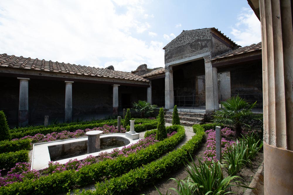 Italy, Pompeii, House of the Gilded Cupids, view of the garden with the Portico of the Peristyle