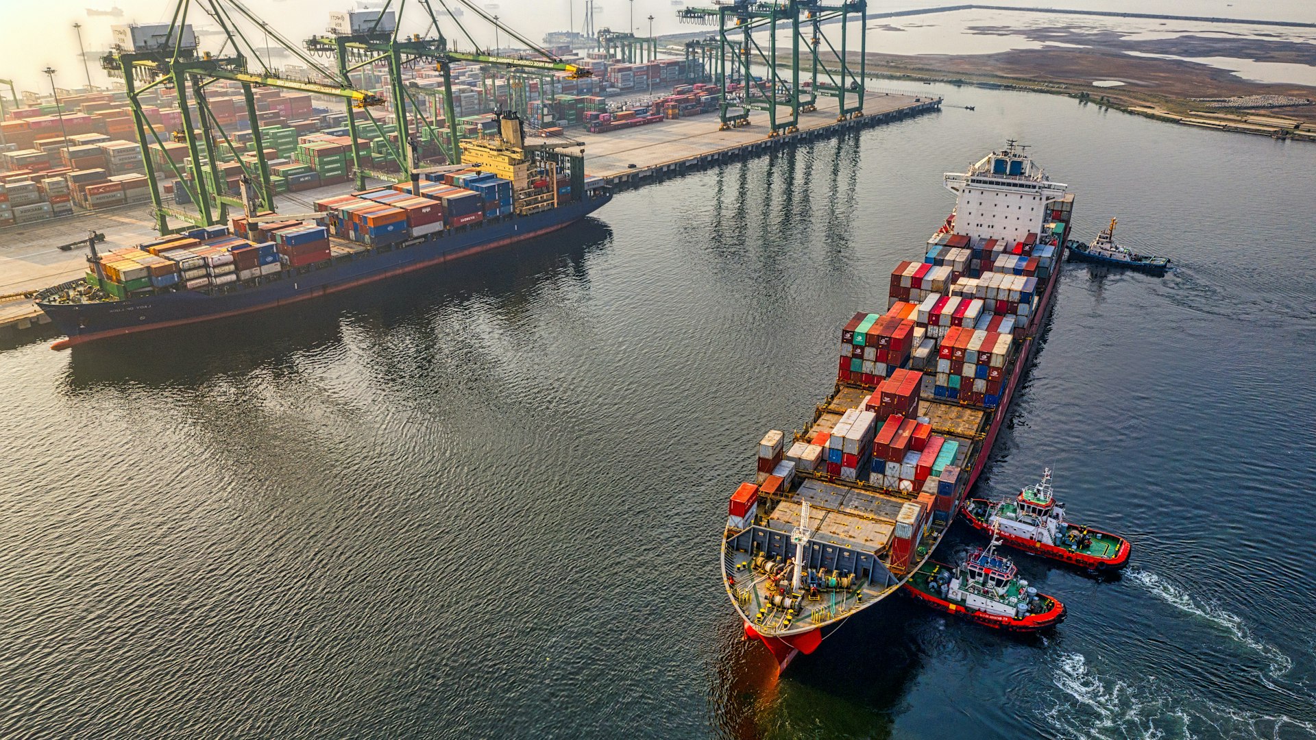 Container ship arriving at an international cargo port