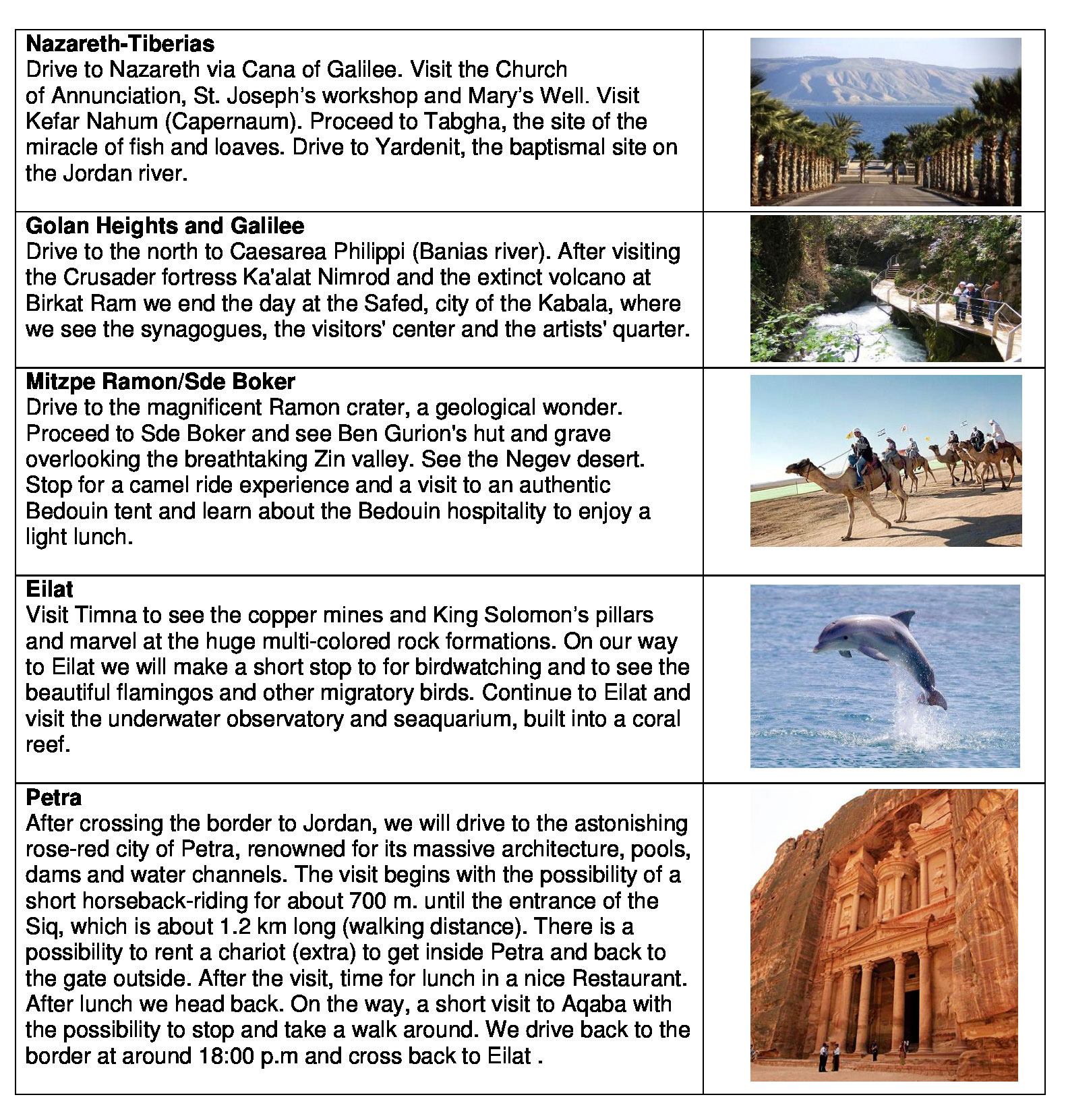 Nazareth-Tiberias, Golan Heights and Galilee, Mitzpe Ramon / Sde Boker, Eilat and Petra tours