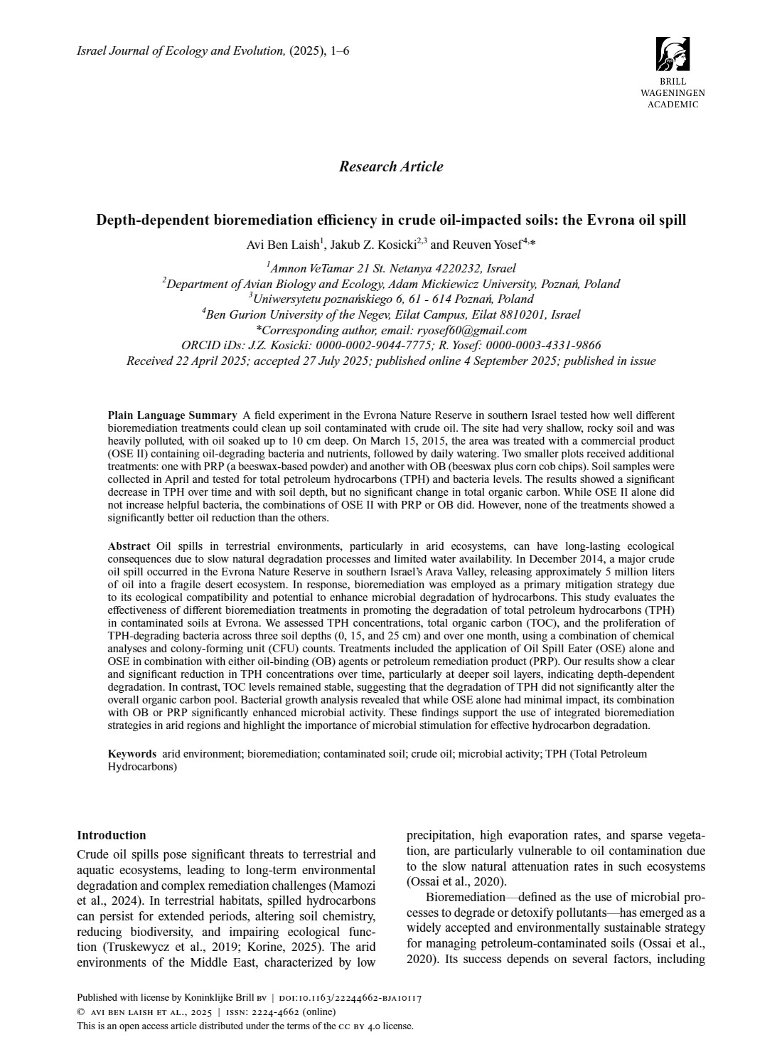 העמוד הראשון של המאמר — Depth-dependent bioremediation efficiency in crude oil-impacted soils: the Evrona oil spill