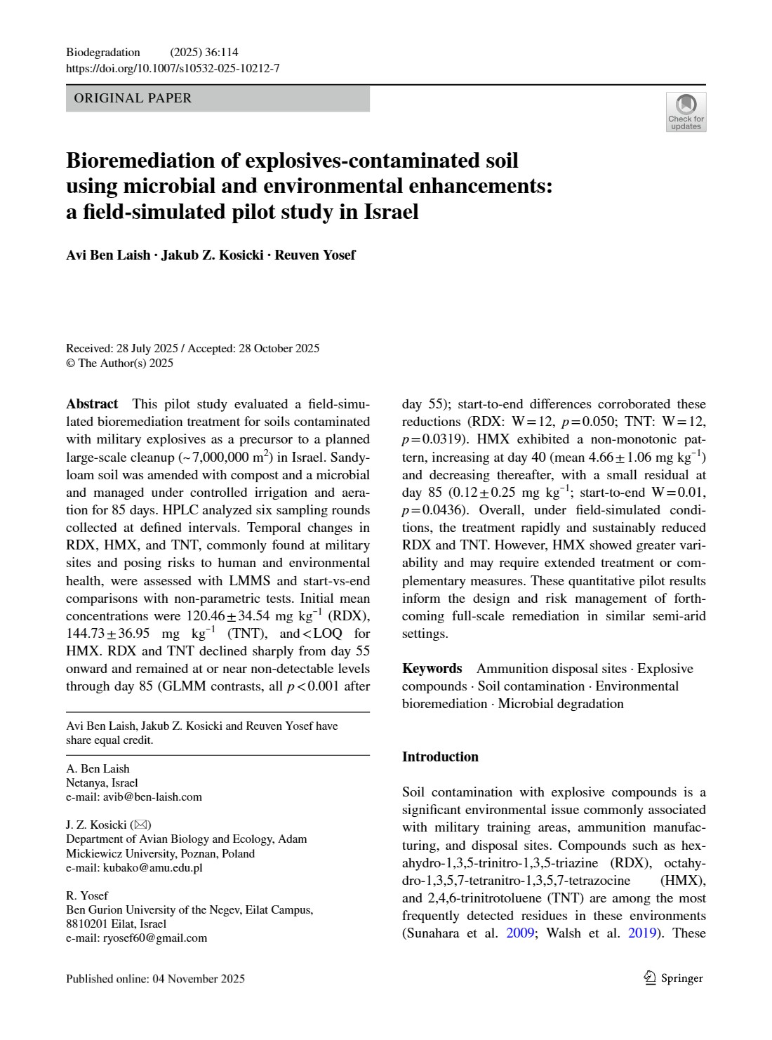 העמוד הראשון של המאמר — Bioremediation of explosives-contaminated soil using microbial and environmental enhancements: a field-simulated pilot study in Israel