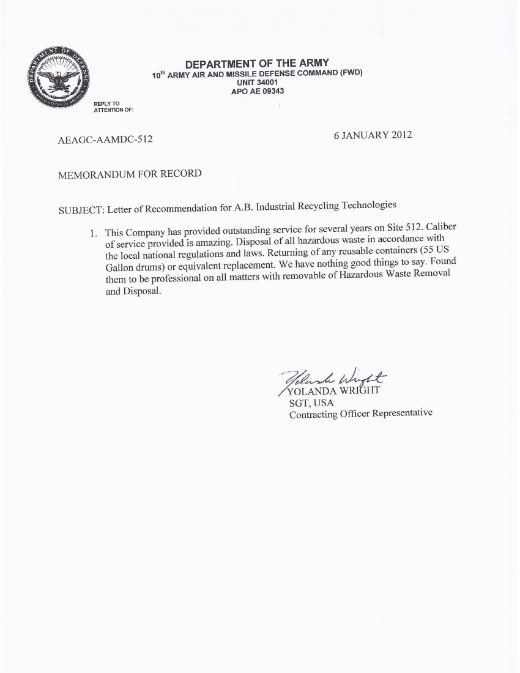 Letter of Recommendation — USA Army