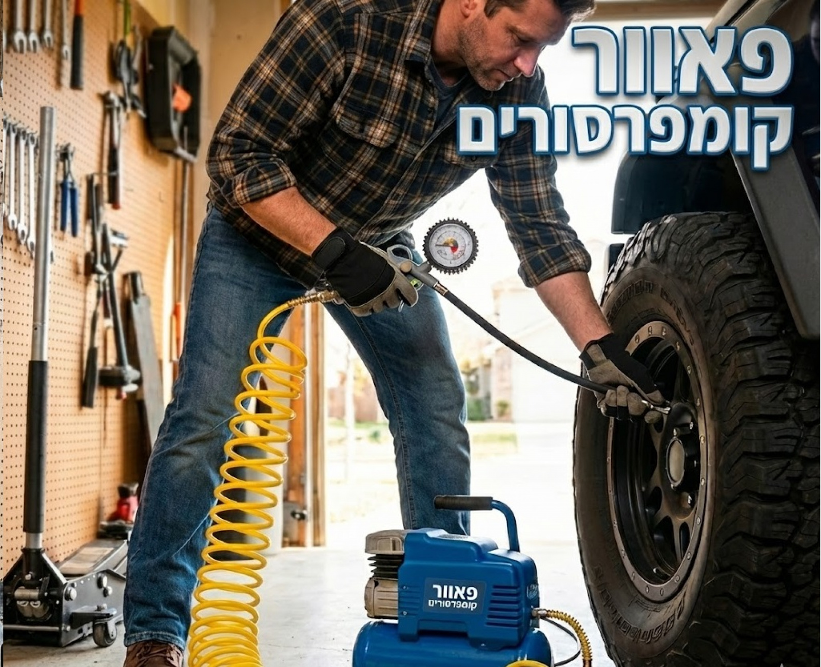 אקדח ניפוח גלגלים מקצועי עם שעון לחץ וצינור גמיש
