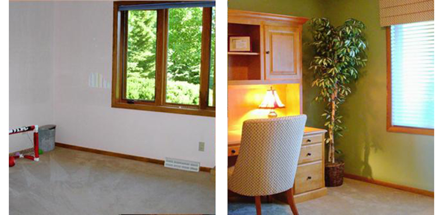 New window treatment, paint color, new furniture, valance and blinds